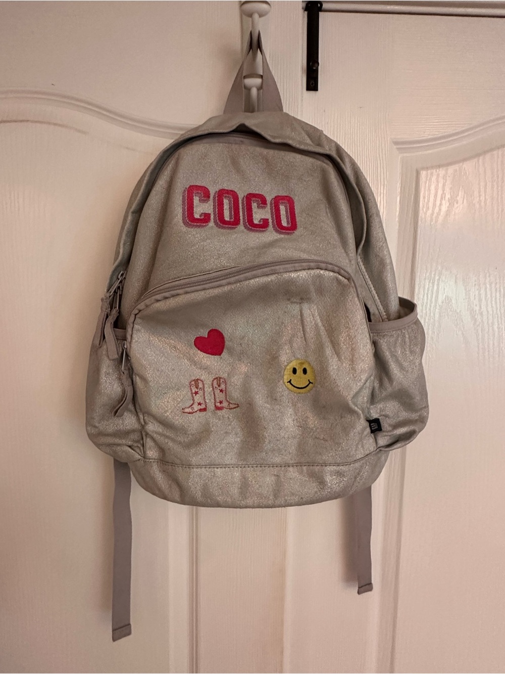 GAP Silver Glitter Kids Backpack with Pink COCO - custom embroidered